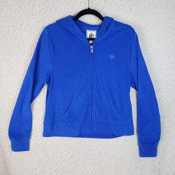 Juicy Couture Jacket Womens L Blue Velour Hoodie Track Sweater Y2K Soft Girl - Picture 1 of 11